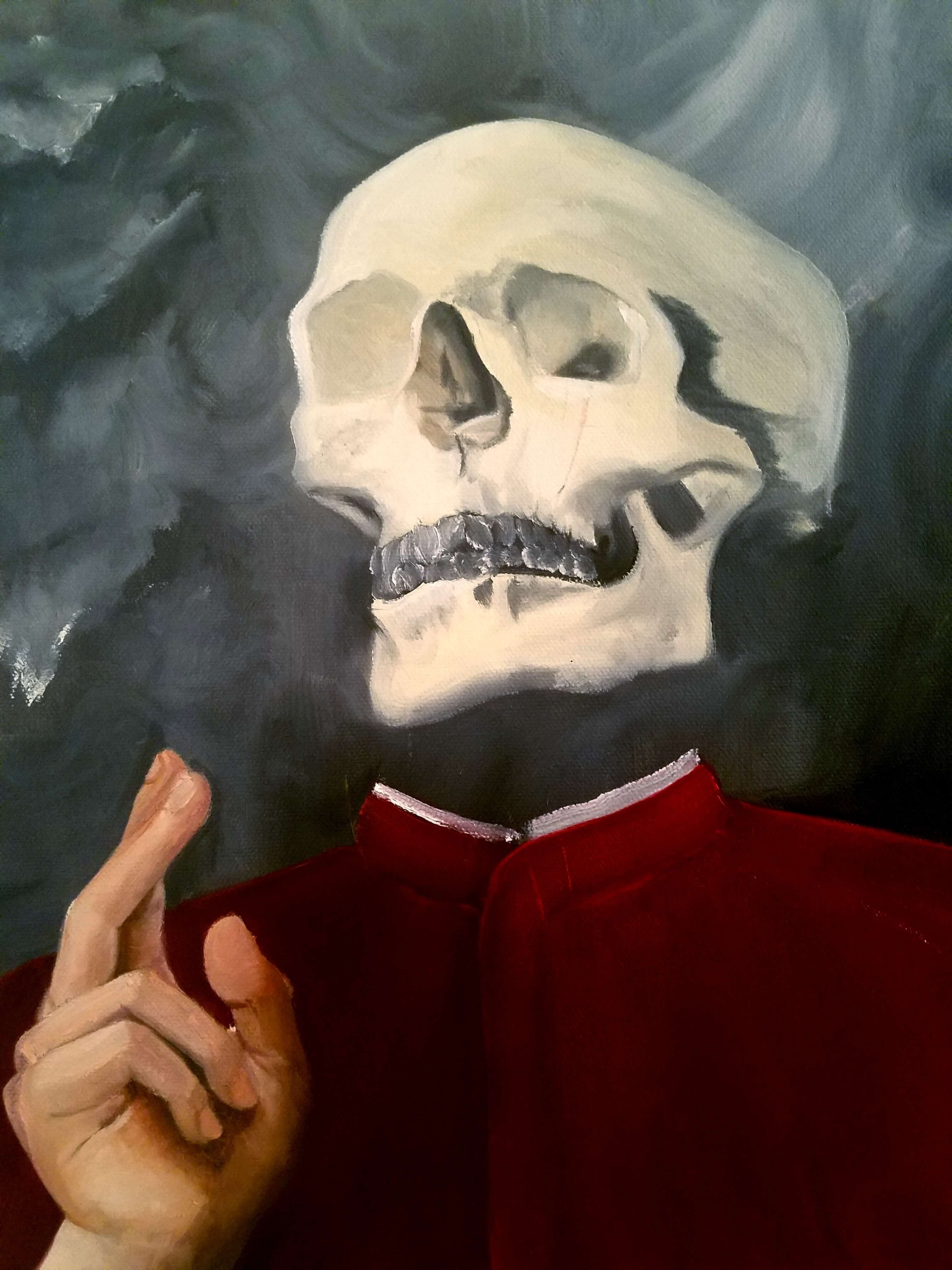 Skeleton cardinal with hand of benediction oil painting by Melissa Garner